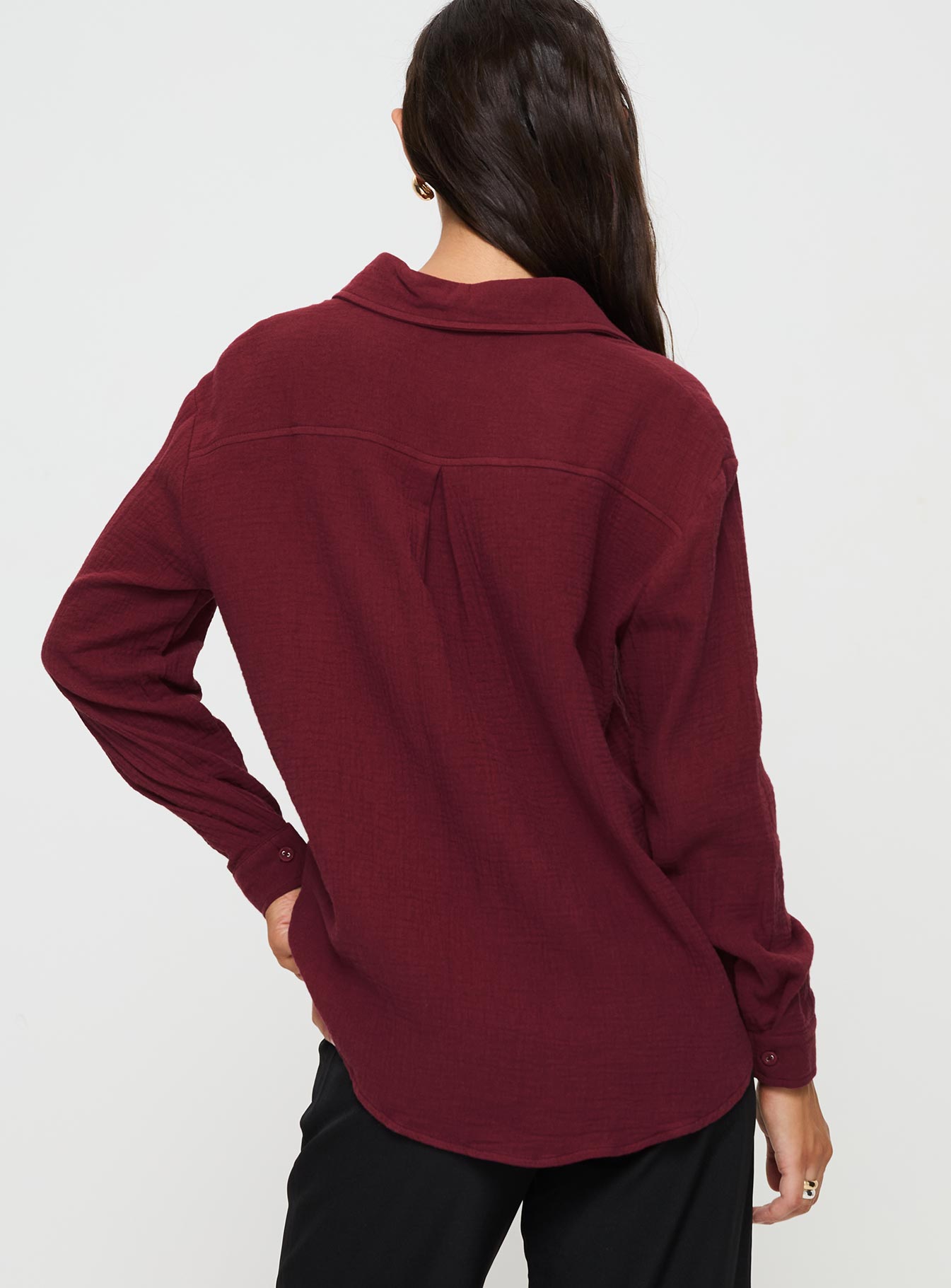 back view of model wearing Princess Polly Mahalia Shirt Burgundy Full Sleeves V-Neck 