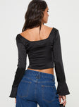 Black Long sleeved top Cropped fit, button front fastening, flared sleeve with slit detail, satin feel material