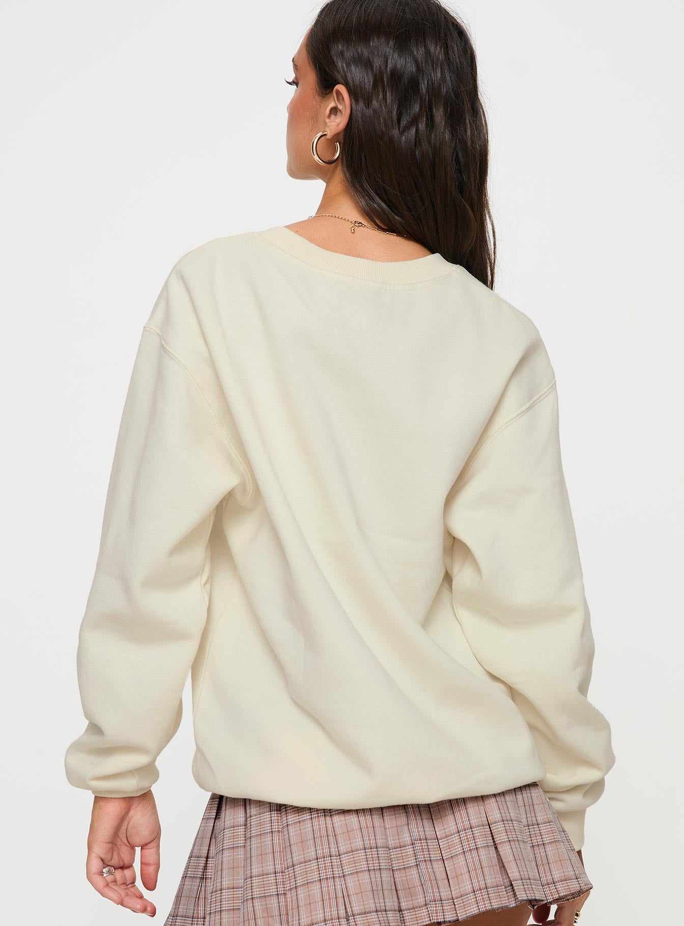 back view of model wearing Princess Polly Rocky Crew Neck Sweatshirt Cream regular 