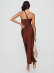 Satin maxi dress One shoulder design, inner silicone strip at bust, keyhole at bust, invisible zip fastening down side Good stretch, lined bust 