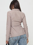 back view of model wearing Princess Polly Run The World Top Brown Stripe Full Sleeves High Neck 