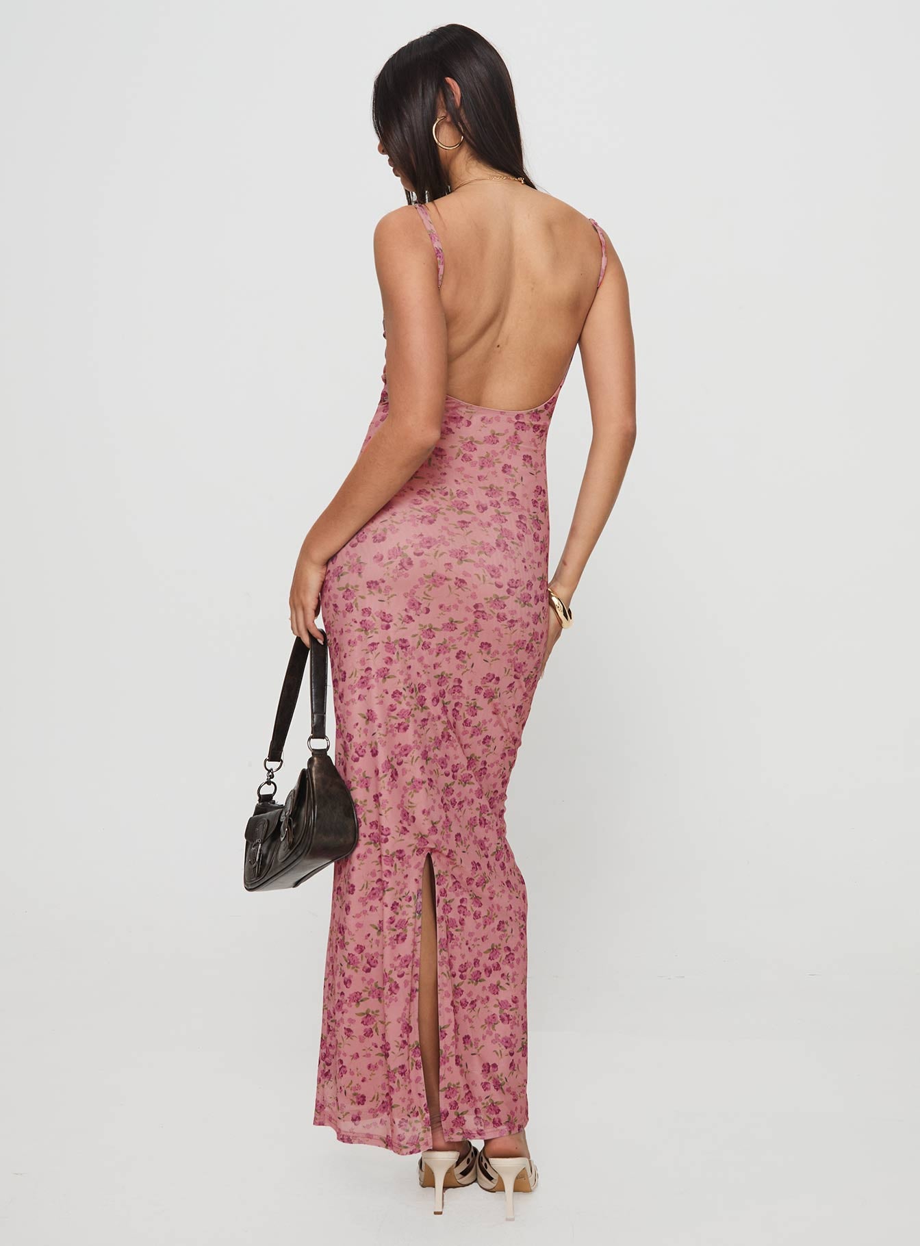 back view of model wearing Princess Polly Kastin Maxi Dress Pink Floral Scoop Neck 