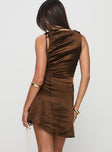 back view of model wearing Princess Polly Rosabella Mini Dress Brown Crew Neck 