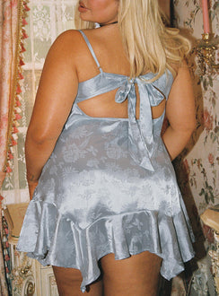 back view of model wearing Princess Polly Secret Admirer Mini Dress Blue Curve Sweetheart Neckline 