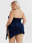 Strapless mini dress, slim fitting Shimmery mesh material, inner silicone strip at bust, adjustable ruching at side