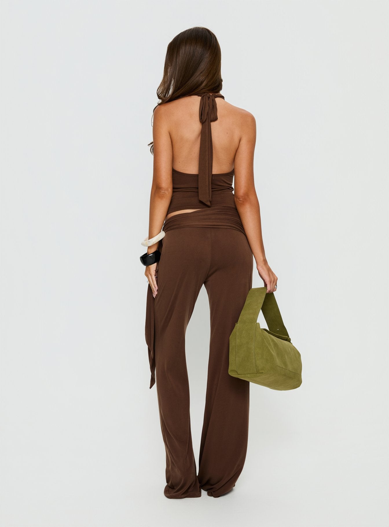 back view of model wearing Princess Polly Katiana Wrap Jersey Pants Brown Mid Rise Pants 
