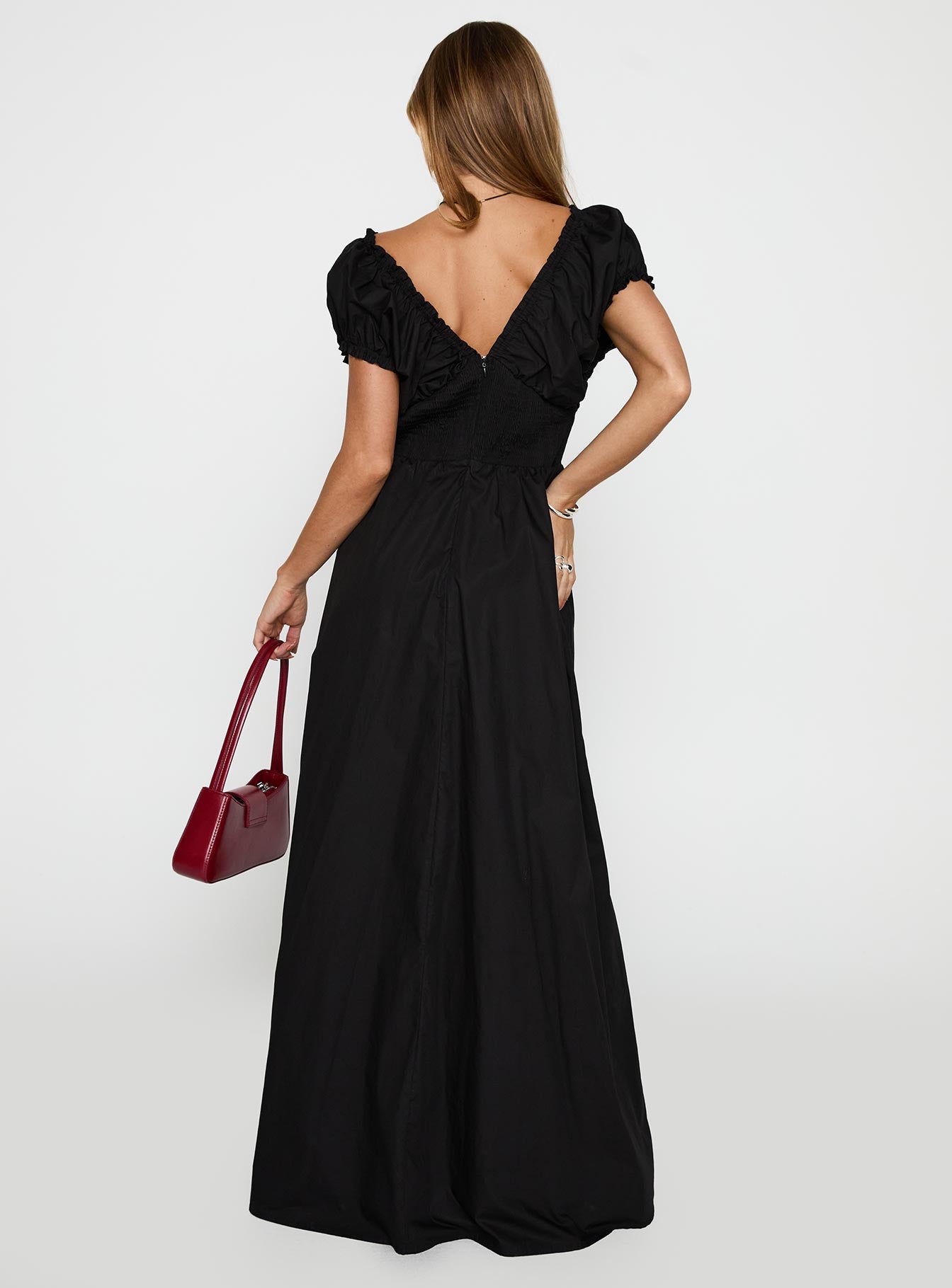 back view of model wearing Princess Polly Breeanna Maxi Dress Black V-Neck 