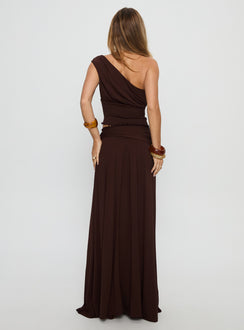 back view of model wearing Princess Polly Full Orbit Shirred Maxi Skirt Chocolate Brown Maxi Skirts 