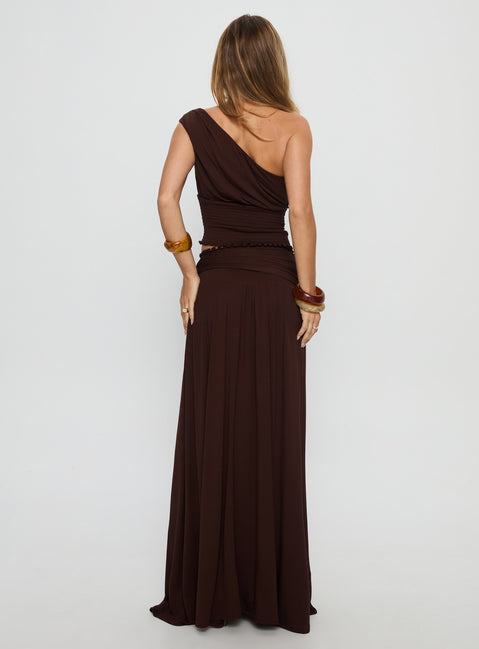 back view of model wearing Princess Polly Full Orbit Shirred Maxi Skirt Chocolate Brown Maxi Skirts 