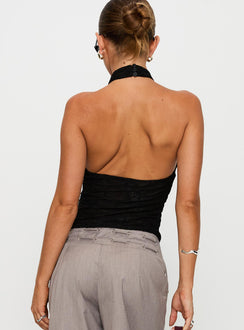 back view of model wearing Princess Polly Hotter Than Fire Lace Halter Top Black Sleeveless High Neck 