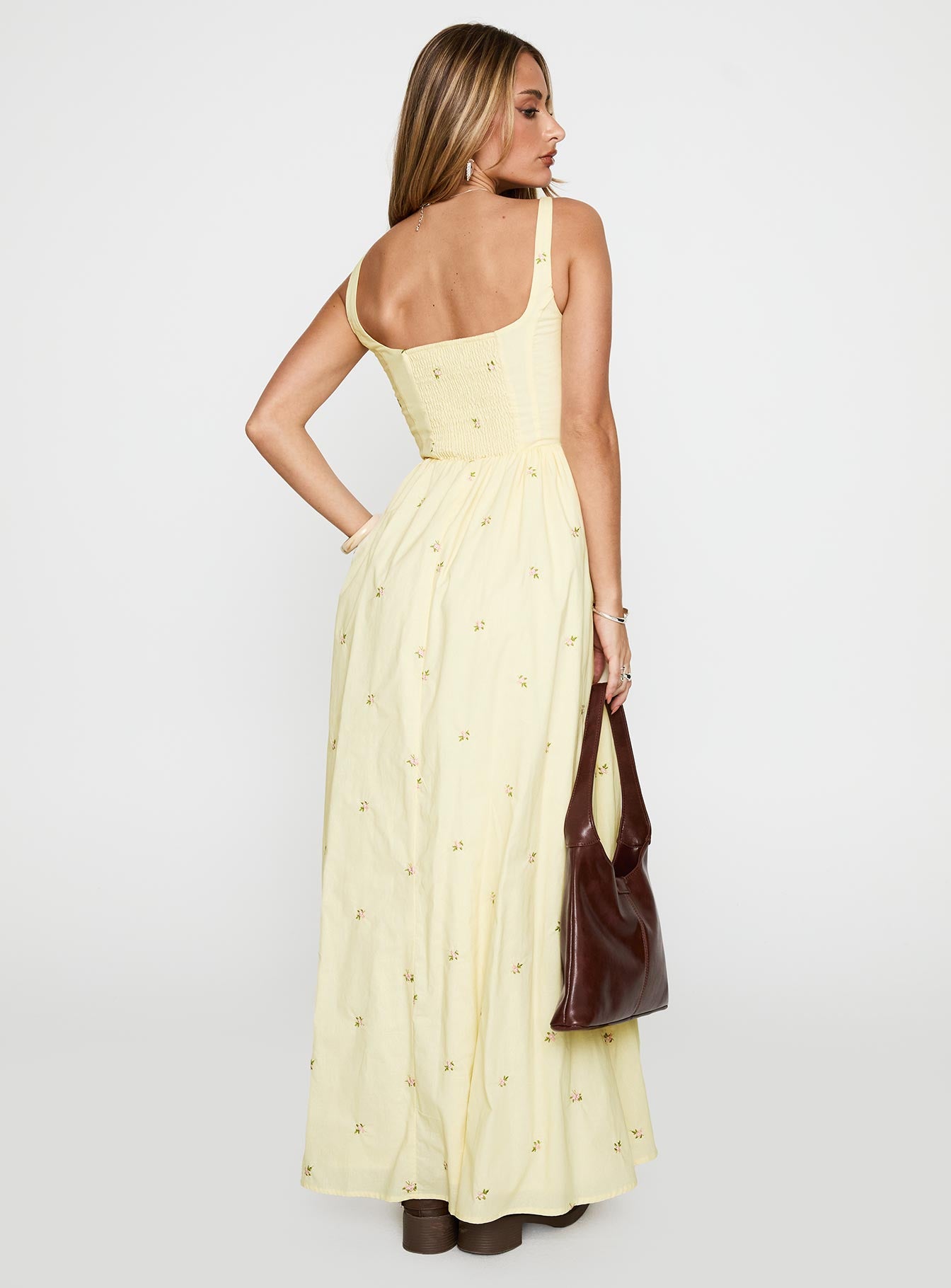 back view of model wearing Princess Polly Cartmel Embroidered Maxi Dress Cream Square Neck 