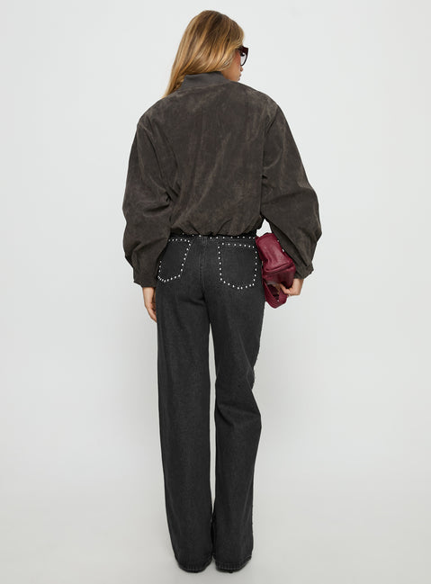 back view of model wearing Princess Polly Saving Up Stud Detail Jeans Jet Black High Rise Jeans 