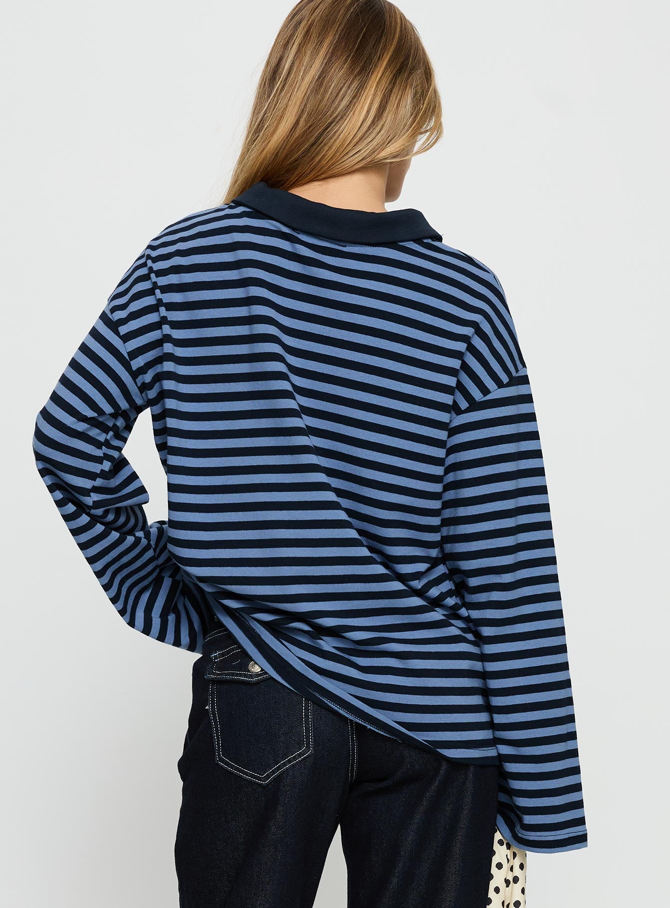 Settle Down Collared Long Sleeve Top Navy Stripe