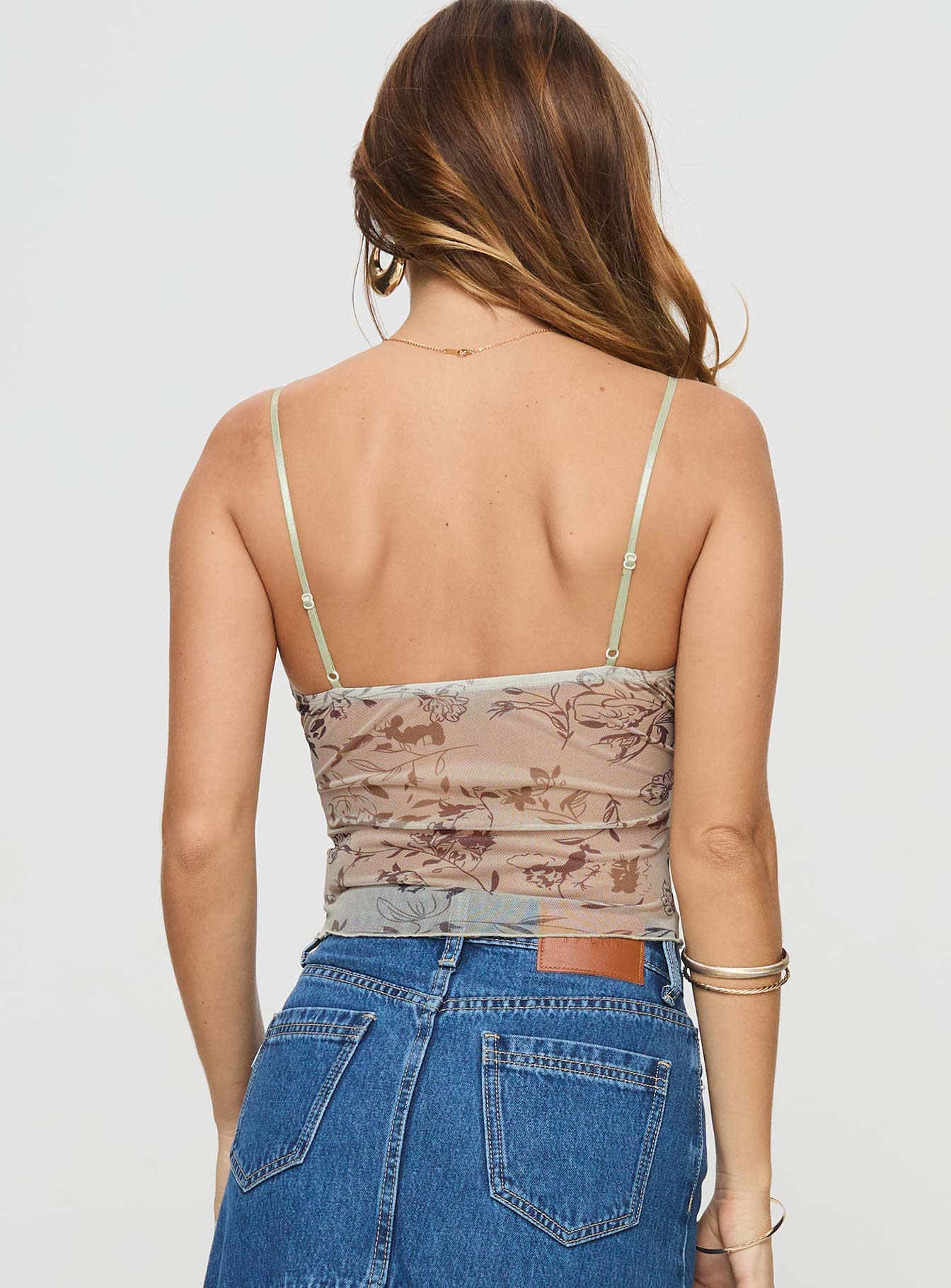 back view of model wearing Princess Polly Shepherd Top Brown Sleeveless Plunger 