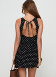 back view of model wearing Princess Polly Ayana Dress Polka Black Crew Neck 