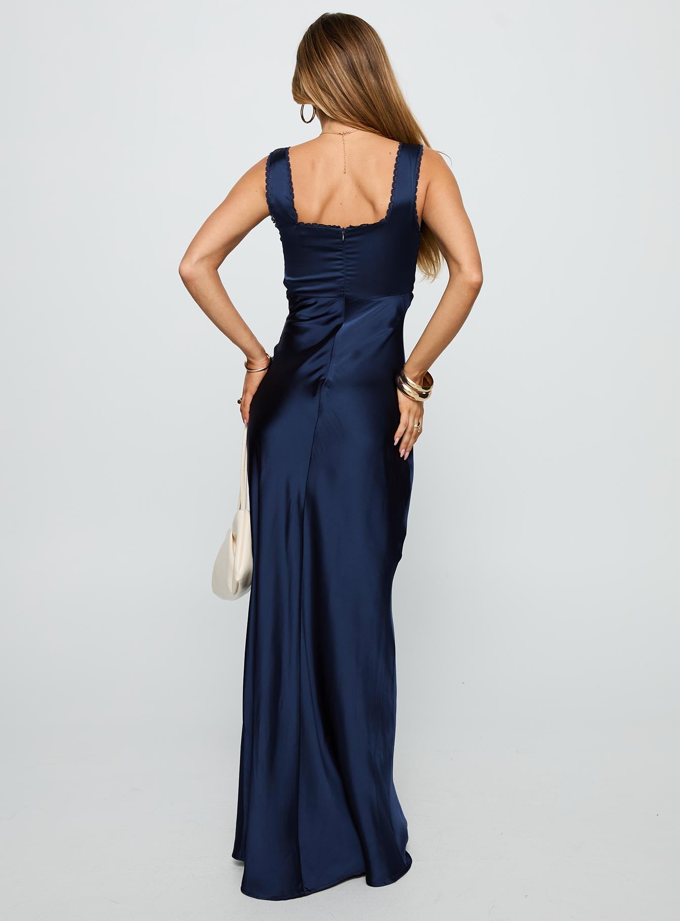 back view of model wearing Princess Polly Dasha Satin Maxi Dress Navy Square Neck 