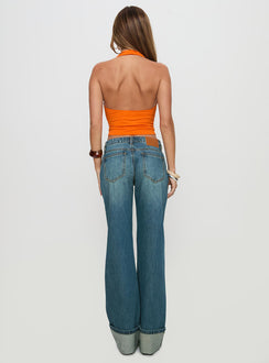 back view of model wearing Princess Polly Toros Mid Rise Wide Leg Foldover Denim Jeans Mid Blue Low Rise Jeans 