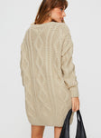 back view of model wearing Princess Polly Anaya Sweater Mini Dress Beige Crew Neck 