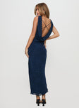 back view of model wearing Princess Polly Contessa Maxi Dress Navy Cowl Neck 