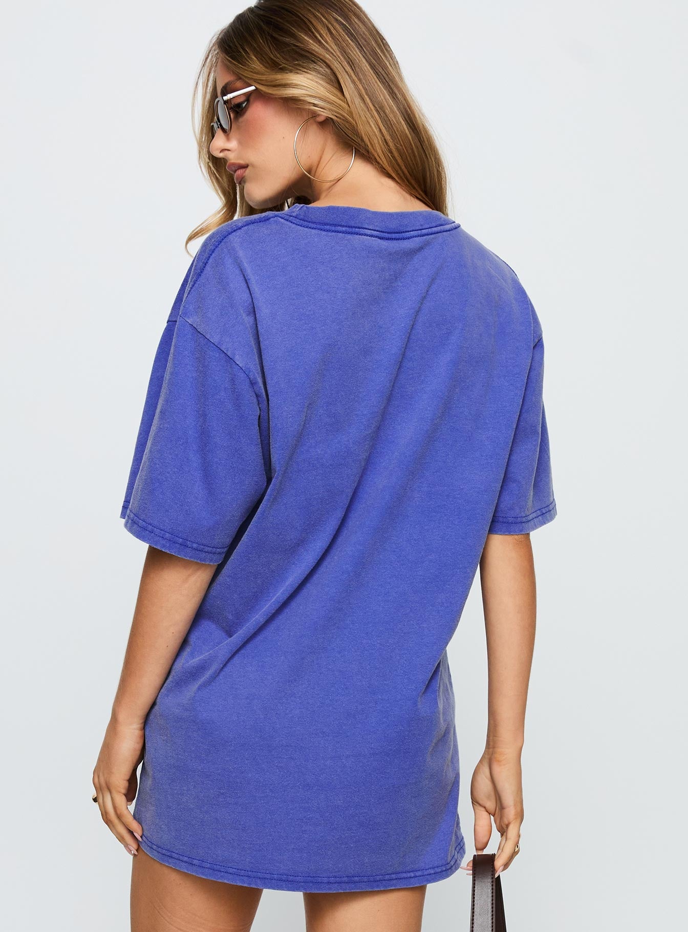 back view of model wearing Princess Polly Led Zeppelin Vintage Oversized Graphic Tee Blue Half Sleeves Crew Neck 