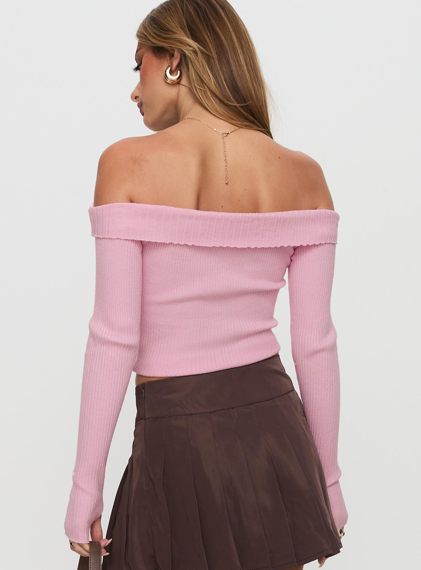 back view of model wearing Princess Polly Nighttime Off Shoulder Knit Top Pink Full Sleeves straight 