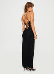 back view of model wearing Princess Polly Cerda Knit Maxi Dress Black Square Neck 