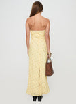 back view of model wearing Princess Polly Brydie Strapless Maxi Dress Yellow Floral Straight Neck 