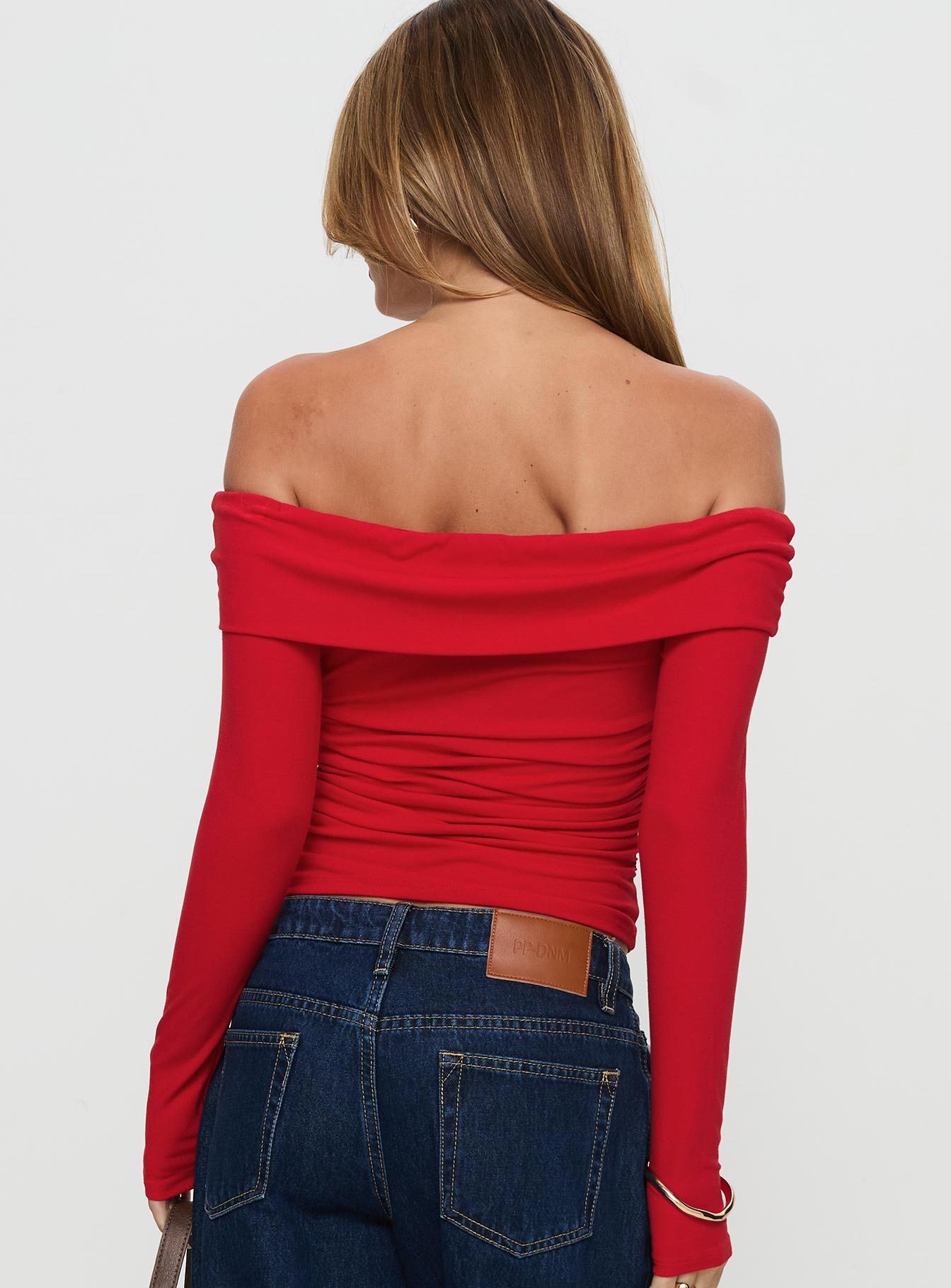 back view of model wearing Princess Polly Sonnett Off Shoulder Twist Long Sleeve Top Red Full Sleeves straight 