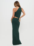 back view of model wearing Princess Polly Diablo Cut Out Maxi Dress Forest Green Asymmetric Neckline 