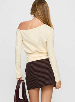 back view of model wearing Princess Polly Yellena Buckle Mini Skirt Brown Pinstripe Mini Skirts 