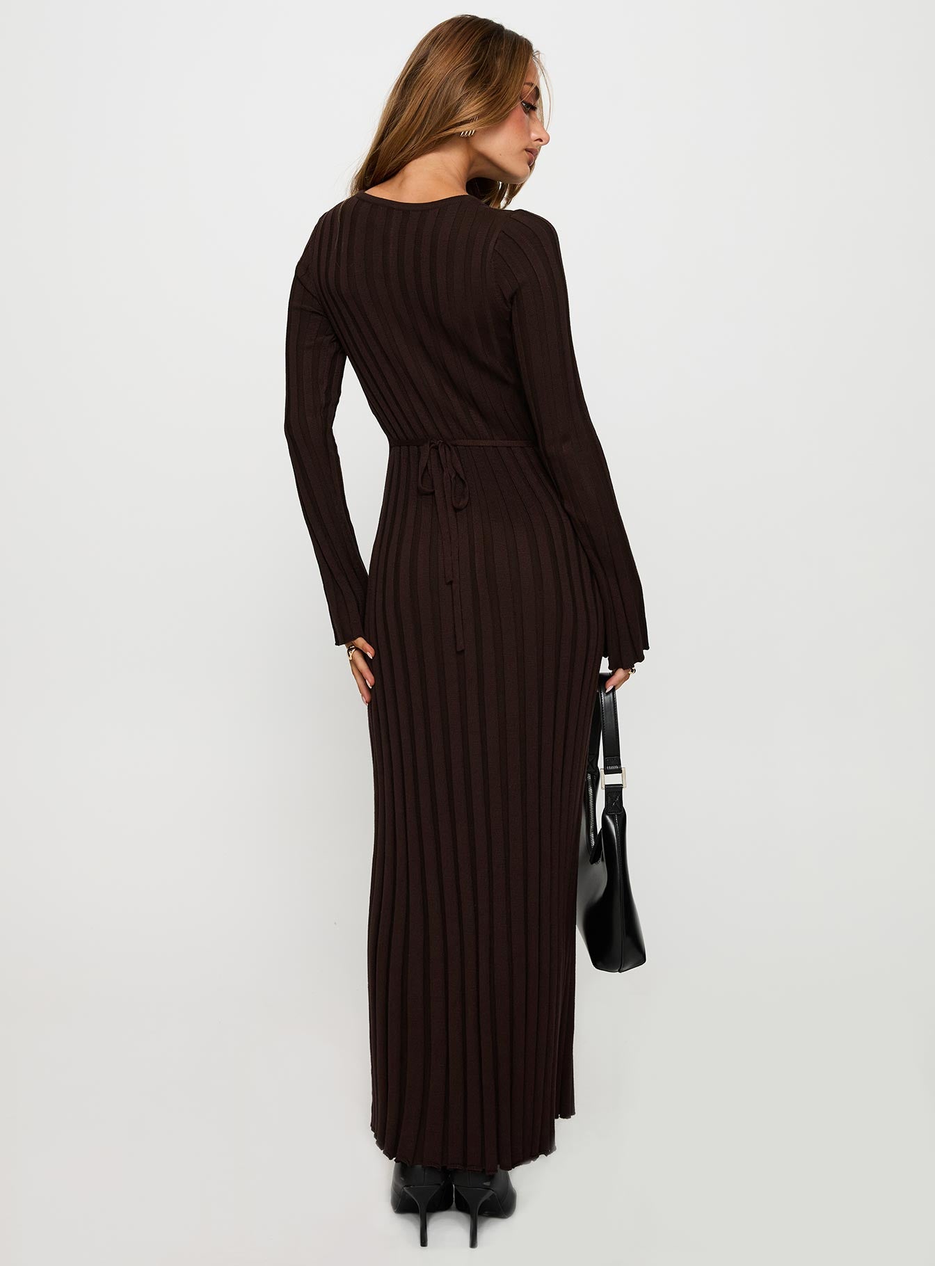 back view of model wearing Princess Polly Vespa Long Sleeve Maxi Dress Brown Crew Neck 