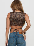 back view of model wearing Princess Polly Uzo Top Leopard Sleeveless Crew Neck 