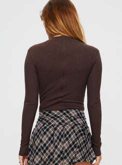 back view of model wearing Princess Polly Maleny Long Sleeve Bodysuit Brown Full Sleeves High Neck 
