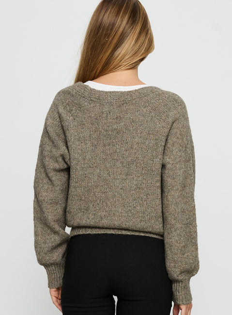 back view of model wearing Princess Polly Daelan Wrap Knit Cardigan Brown Cropped Jumpers 