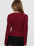 back view of model wearing Princess Polly Gaskin Long Sleeve Top Burgundy Full Sleeves Square Neck 