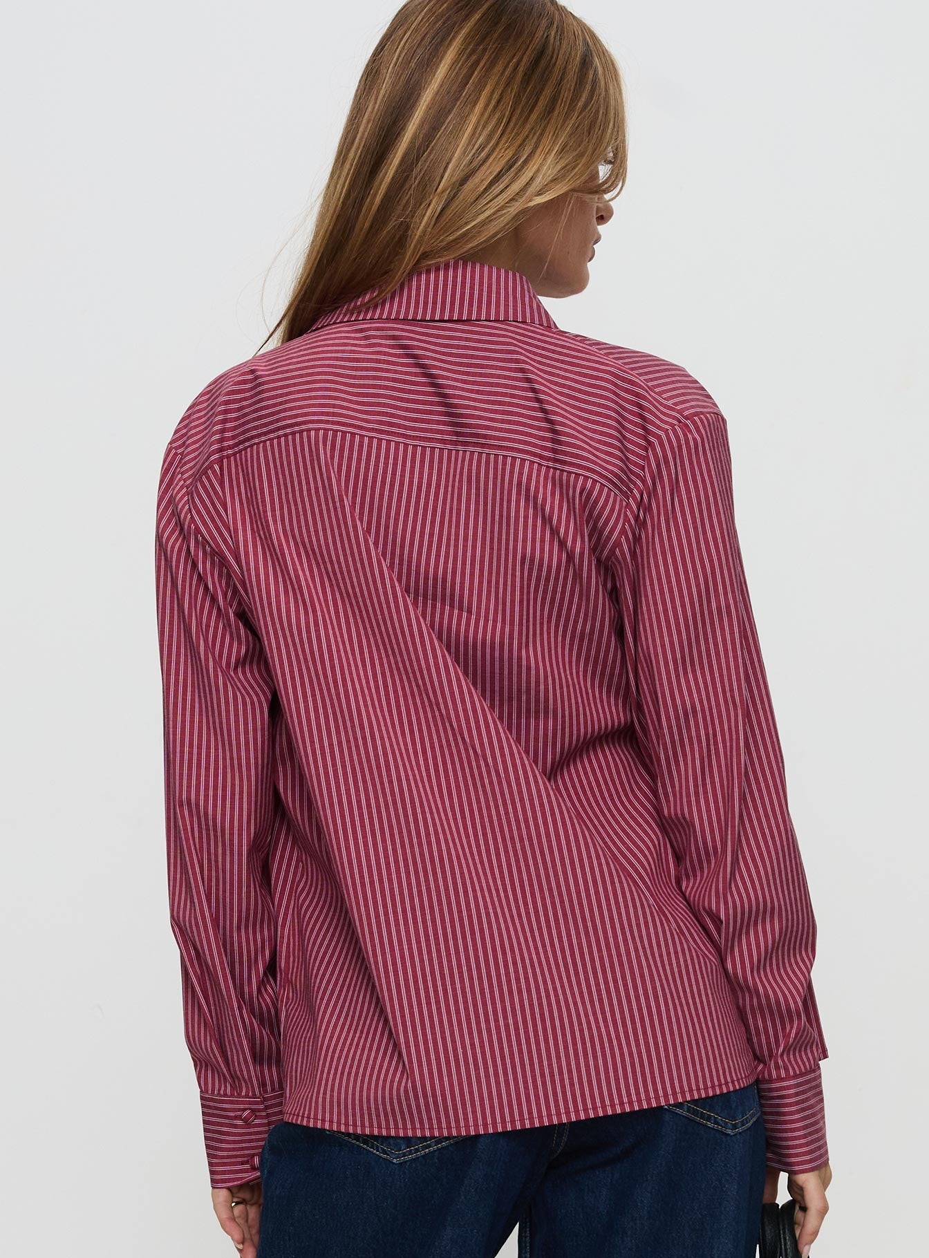 back view of model wearing Princess Polly Mandisa Long Sleeve Top Red Stripe Full Sleeves Crew Neck 