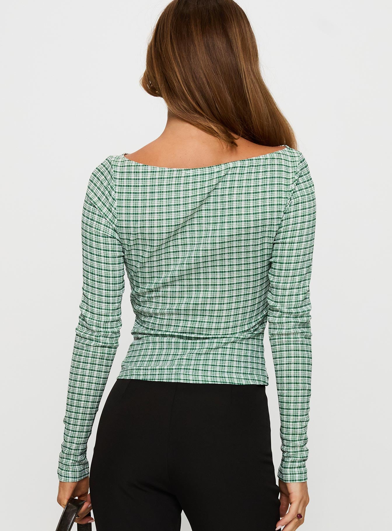 back view of model wearing Princess Polly Every Second Boat Neck Long Sleeve Top Green Check Full Sleeves Boat Neck 