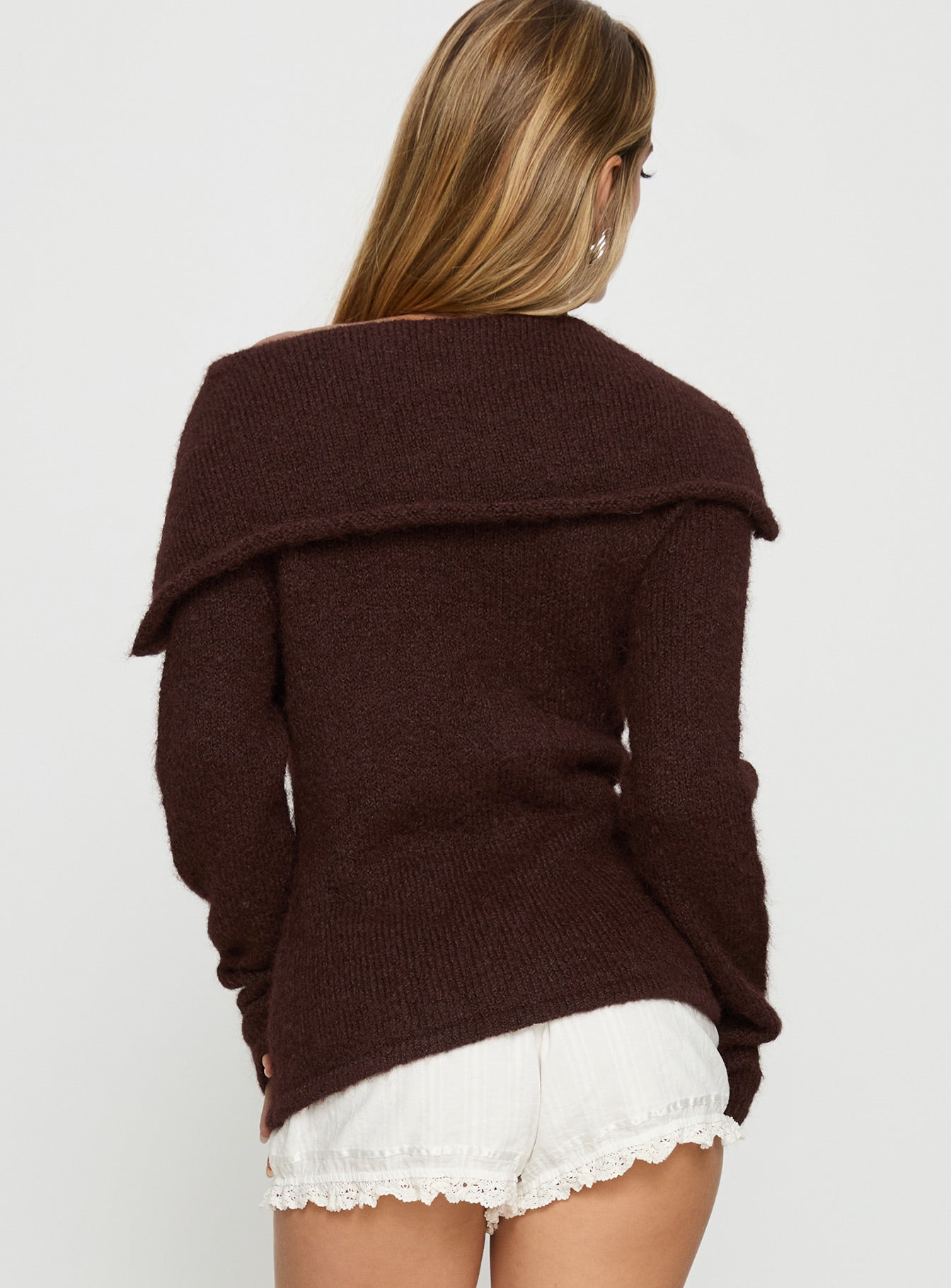 back view of model wearing Princess Polly Kinslea Off Shoulder Knit Sweater Brown regular 
