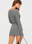 back view of model wearing Princess Polly Kindra Long Sleeve Mini Dress Grey Cowl Neck 