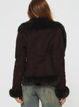 Penny lane jacket Suede-like material, faux fur trimming, twin hip pockets, double hook and eye fastening down front