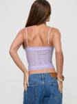 back view of model wearing Princess Polly Amitri Lace Up Top Lilac Sleeveless Plunger 