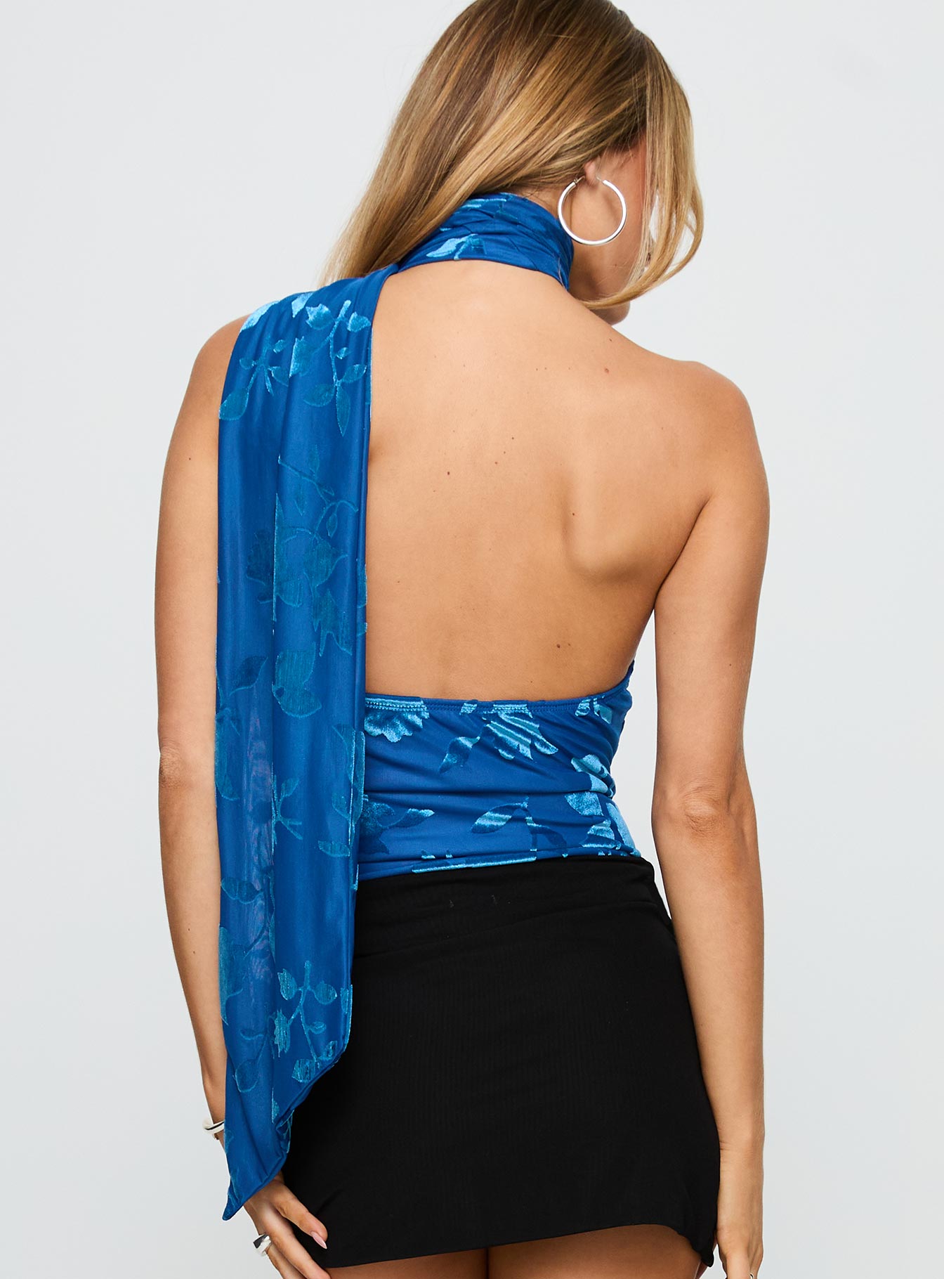 back view of model wearing Princess Polly Frostbloom Scarf Neck Bodysuit Blue Sleeveless 