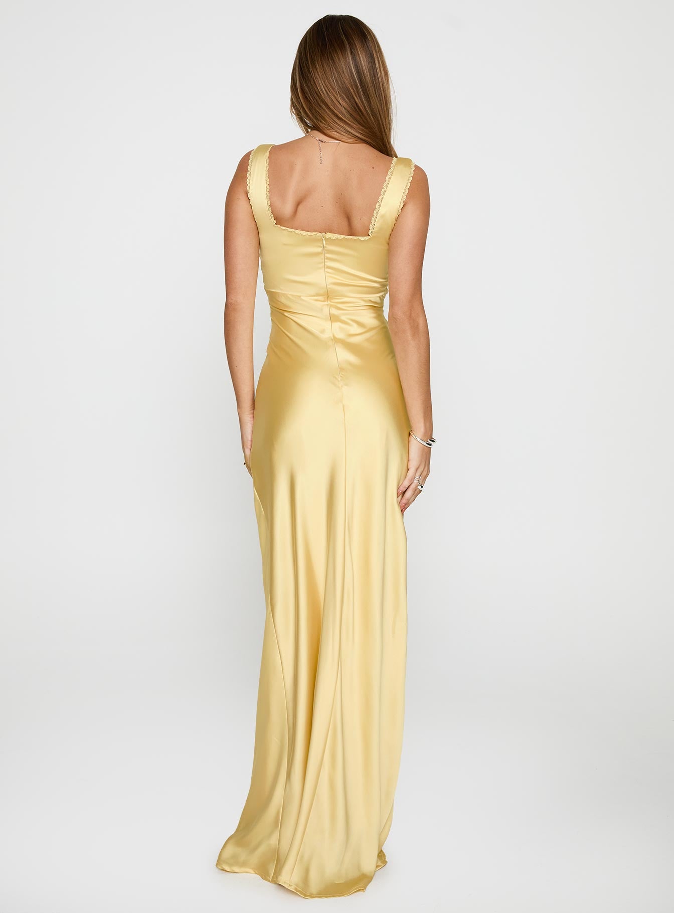 back view of model wearing Princess Polly Dasha Maxi Dress Lemon Square Neck 