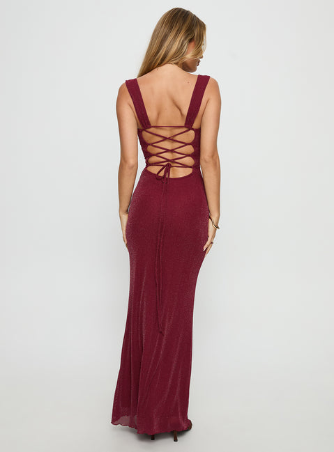 Crisanto Tie Up Ruched Maxi Dress | Burgundy | Womens | Princess Polly Crisanto Tie Up Ruched Maxi Dress | Burgundy | Womens | Princess Polly