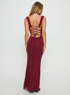 Crisanto Tie Up Ruched Maxi Dress Burgundy