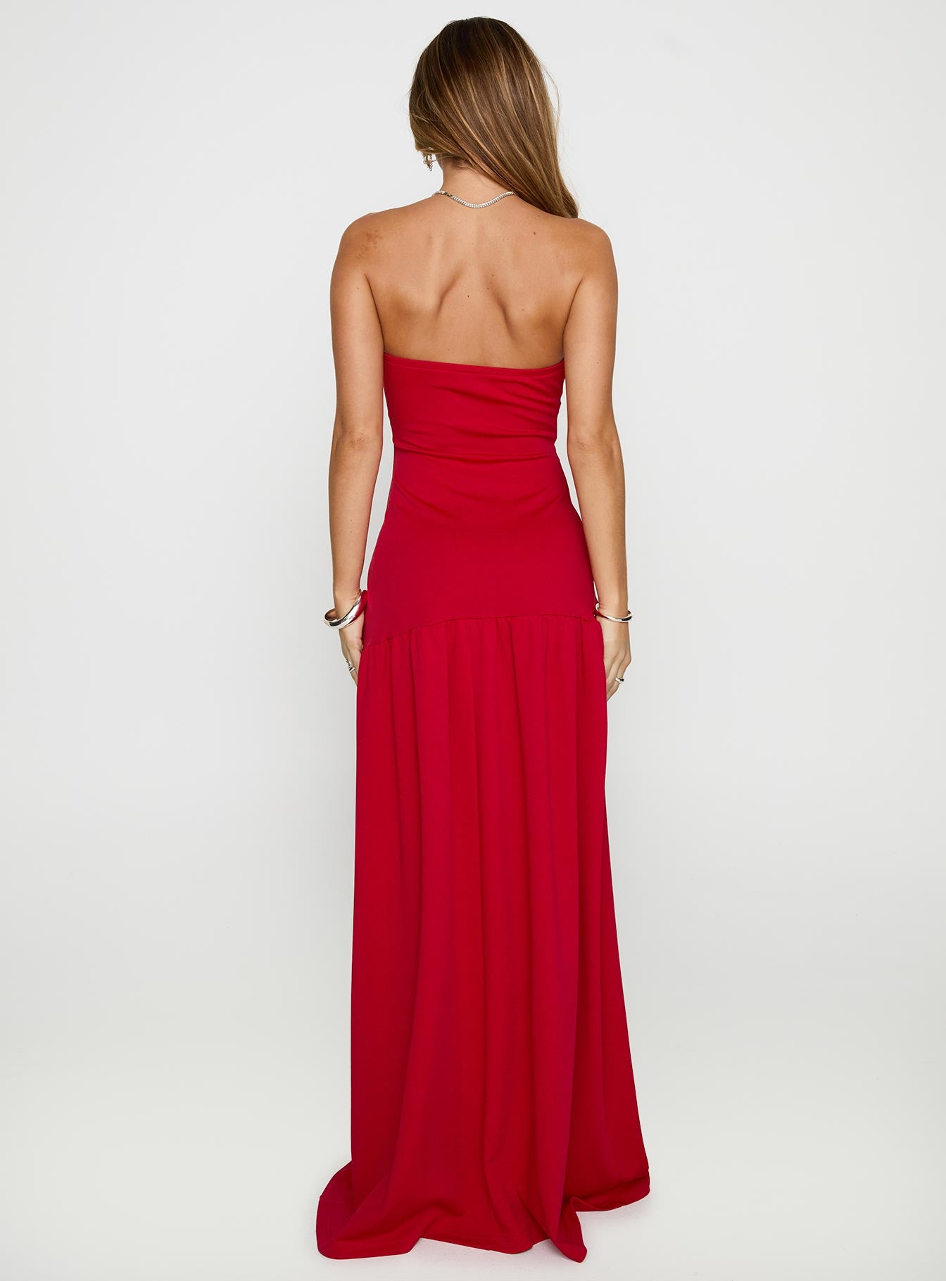 back view of model wearing Princess Polly Move Me Strapless Maxi Dress Red Straight Neck 