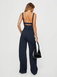 Matching pinstripe set Crop top, adjustable shoulder straps, zip fastening at back, sweetheart neckline Tailored pants, zip and clasp fastening, twin hip pockets, subtle pleats at waist
