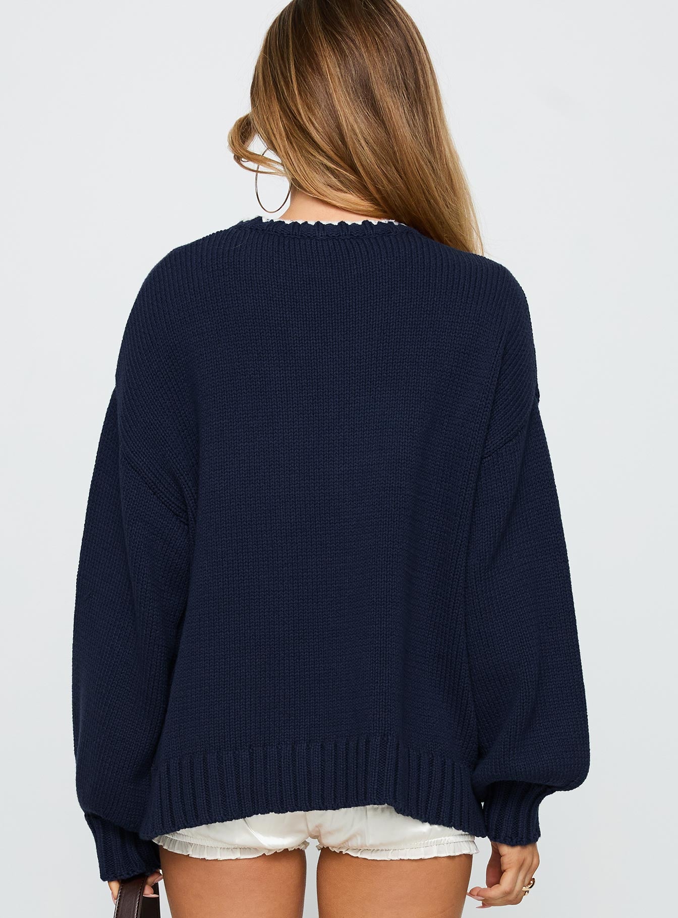 back view of model wearing Princess Polly Swan Lake Love Knit Sweater Navy Longline Jumpers 