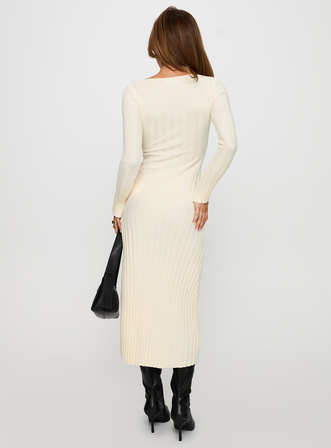 back view of model wearing Princess Polly Ryo Long Sleeve Rib Maxi Dress Cream Boat Neck 