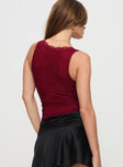 back view of model wearing Princess Polly Far Away Top Burgundy Sleeveless V-Neck 